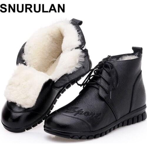 SNURULAN2018 New Winter Warm Wool Fur Snow Boots Women Shoes Soft Genuine Leather Embroidery Women Ankle Boots Classic BlackE037
