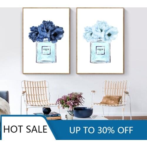 Modern Fashion Perfume Wall Art Canvas Painting Posters Blue Peonies Floral Prints Woman Makeup Wall Pictures Girls Room Decor