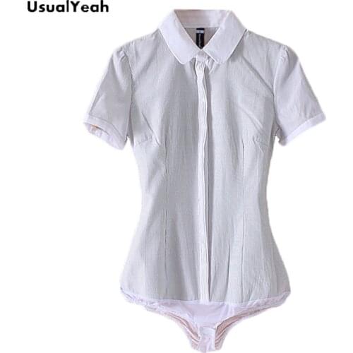 UsualYeah New Women Formal Short sleeve Body Shirt blusas femininas Plus size Office Ladies Turn-down blouses shirts Bodysuit White Striped