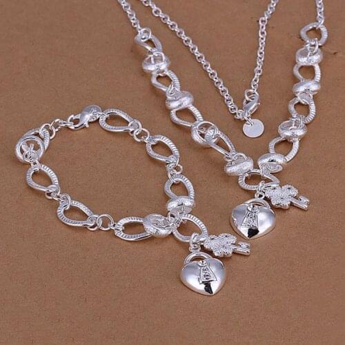 S031 Silver Color Jewelry Sets Lovely Fashion Jewelry Inlaid Heart Lock And Flower Key Free Shipping Charm Christmas Gifts