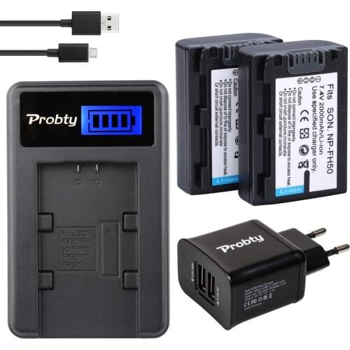 PROBTY 2PCS NP-FH50 NP-FH60 Battery + LCD USB Charger For Sony DSLR A230 A330 A380 HDR-TG1E TG3 TG5 TG7 DSC-HX1 HX100 HX200