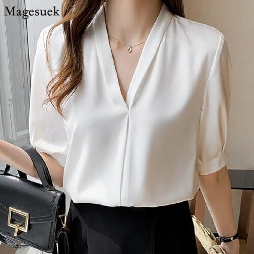 Summer White Woman Blouses Tops Casual Short Sleeve Satin Womens Shirt Loose V-neck Koeran Style Female Clothing 2021 New 14344