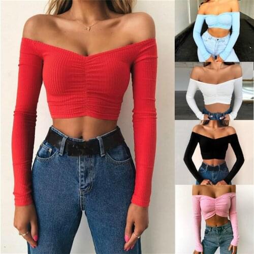2020 Deep V neck Cross Crop Tops Blouses Women Long Sleeve Off Shoulder Sexy Shirts Blouse Summer Autumn Female Tops