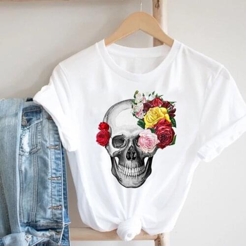 Women Skull Flower Floral Style Cute 90s Spring Summer Clothing Fashion Clothes Print Tee Top Tshirt Female Graphic T-shirt