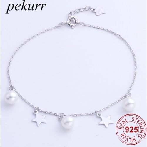 Pekurr Real 100% 925 Sterling Silver 6.3mm Natural Freshwater Pearl & Star Women Bracelet Fashion Jewelry Girl Bangles