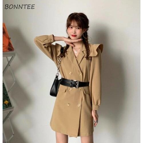 Long Sleeve Dress Women Khaki Design Elegant Temperament All-match Spring Mini High Waisted Sheath Vintage Solid Bodycon Classy