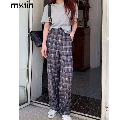 2021 Women Vintage Stylish Plaid Straight Pants Fashion Zipper Fly Pockets England Style Trousers Ins Retro Mujer Pantalones