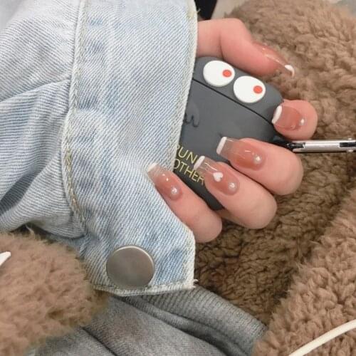 24pcs False Nails Ballet French Heart Pearl Trapezoid Long Square Head Wearing Nail Art Finished Fake Nail Patch