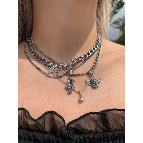 5Pcs/Set Women Necklaces Set Retro Angel Demon Pin Pearl Pendant Clavicle Chain Necklace Birthday Party Jewelry Gifts