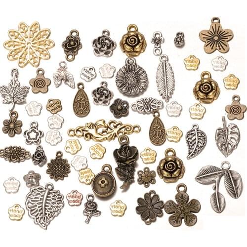 50g Mixed Flower Leaf Plant Charm Pendants Antique Bronze Charms for Bracelet Necklace Jewelry Making Accessories DIY Supplies