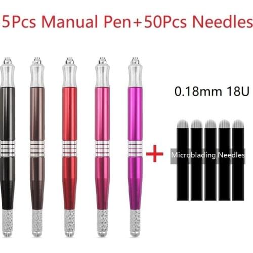 Dermograph Microblading Dual-head Handmade Pen Kit 5Pcs Tattoo Eyebrow Pen + 50Pcs Black 18U Tattoo Needle For Micropigmentation