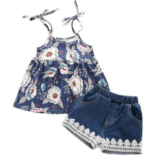 Kids Children Girls Summer Two Piece Outfits Flora Print Sleeveless Tank Tops Lace Denim Shorts Baby Toddler Sets 1-6 Years