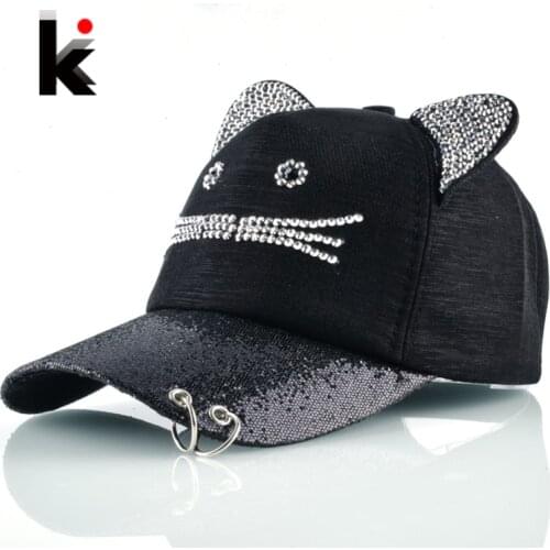 Girls Flashing Rhinestone Baseball Cap With Cute Cat Ears Snapback Hip Hop Hats For Women Drake Metal Ring Trucker Bone Feminino