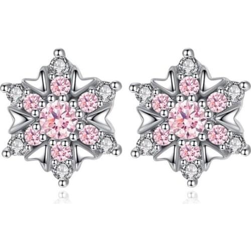 KOFSAC Romantic Snowflake Pink White Zircon Earring 925 Sterling Silver Stud Earrings for Women Girl Party Jewelry Gift brincos