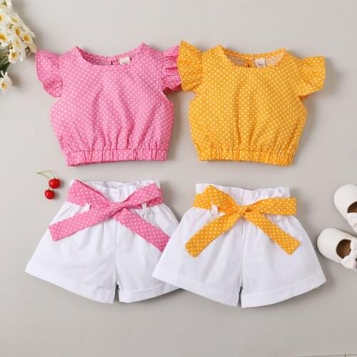 3 Pieces Kids Suit Set Polka Dots Print Round Neck Fly Sleeve Tops+ Shorts+ Waistband for Girls 1-5 Years