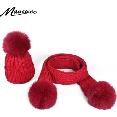 Scarf Hat Set Winter Warm Real Fox Fur Ball Fur Women Beanies Hats Knitted PomPon Caps With Pure Colour Female High Quality