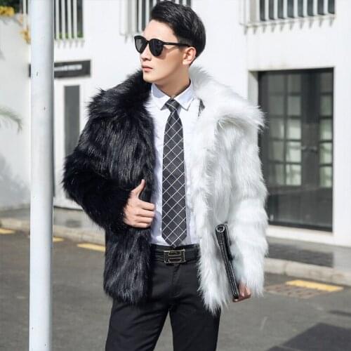 Winter Faux Fur Mens Coats Lapel Mixed Color Patchwork Jacket Warm Thick Single Breasted Outwear Faux Fur Coat Men K39