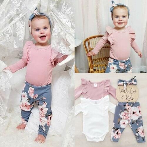 Cute Newborn Toddler Baby Girls Solid Top Romper+ Floral Long Pants Outfits Clothes Children Kids Hot Autumn Clothes Set