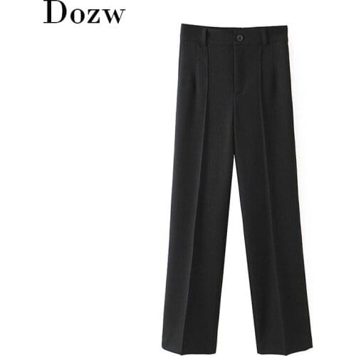 Fashion Black Striped Suit Pants Women Office Wear High Waist Long Work Trousers Zipper Fly Ladies Pleated Trousers Casual Pants