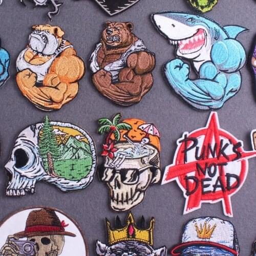 Wilderness Punk/Skull Patches For Clothes Shark Embroidered Patches For Clothing Stripe Bear Dog Patch For T-shirt Jacket Badges