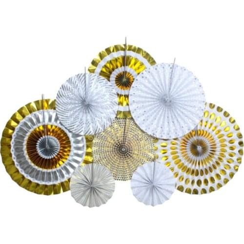 New Design Metallic Foil Gold and Silver Paper Fans For Weddings Christmas Parties Hanging Wall Decoration Free Shipping