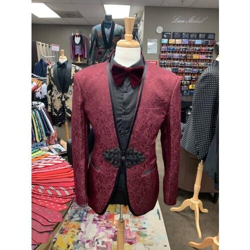 Jacket+Pants) 2020 Custom Made Burgundy Paisley Formal Men Suit Groom Tuxedos Groomsmen Best Man Prom Blazer Mens Wedding Suits