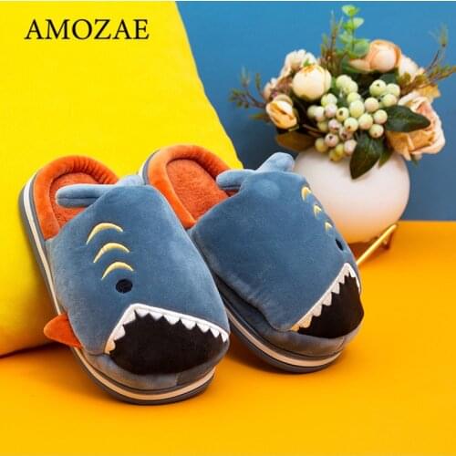 Plush Warm Shark Childrens Cotton Slippers Cute Non-slip Soft Bottom Winter 9-12 Years Old Indoor Baby Cartoon Cotton Slippers