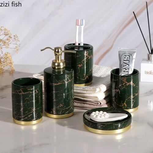 Gilded Marble Texture Bathroom Set Portable Soap Dispenser Toothbrush Holder Mouthwash Cup 5 Pcs/set Ceramic Bathroom Supplies