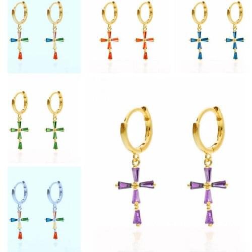 925 Silver Ear Buckle rainbow Crystal Cross Pendant Hoop Earrings for Women 6 colors Fine CZ Earrings Valentines Day Present
