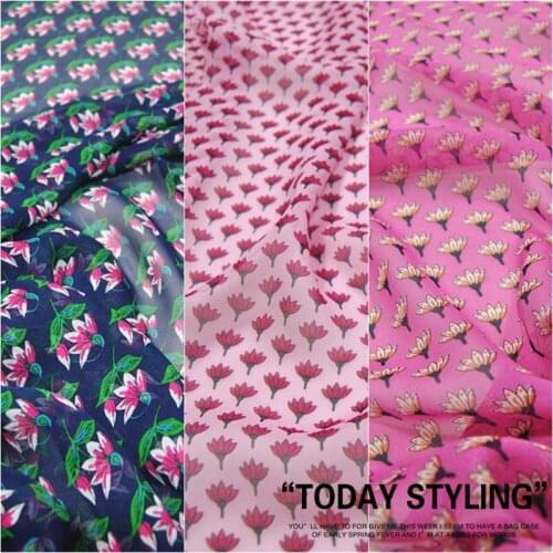 Silk Georgette Chiffon Fabric Dress 3-Color Small Flower Large Wide Navy Blue Light Rose Clothing DIY Patchwork Tissue