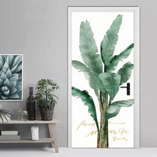 Modern Watercolor Banana Tree Door Sticker 3D Hand Painted Plant Leaf Mural Living Room Art Door Poster PVC Self-Adhesive Decal