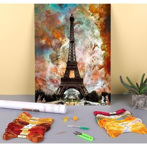 Landscape Paris Tower Printed Fabric 11CT Cross-Stitch Embroidery Complete Kit DMC Threads Needlework Hobby Mulina