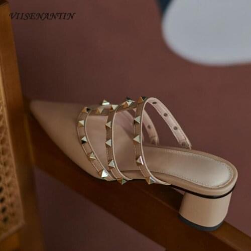 Rivets pointed toe mid-heel casual all-match lazy half-slippers summer nude French fashion sandals and slippers women