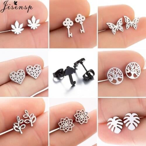 Bohemia Fashion Leaf Stud Earrings for Women Girls Stainless Steel Jewelry Small Key Umbrella Heart Earing Piercing Pendientes