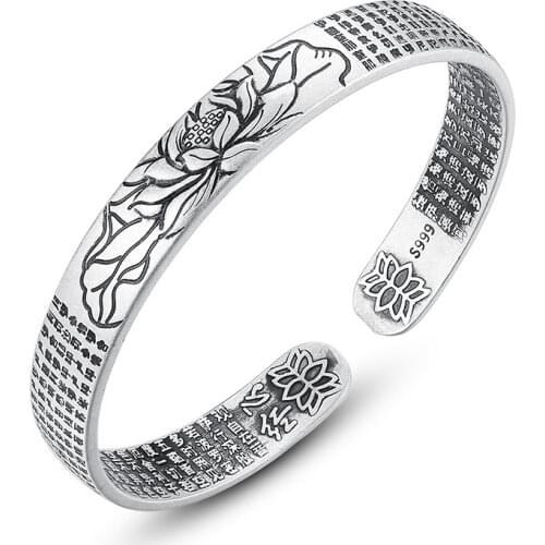 China Style Vintage Scripture Retro Silver-plated Bangles Women Classic Handmade Tibetan Silver-color Carved Lotus Cuff Bracelet