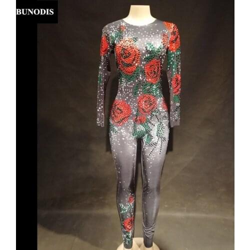 ZD31503 Women Sexy Black Jumpsuit Simple Version Material Spandex Sparkling Crystals Bodysuit 3D Printed Roses Bling Costumes