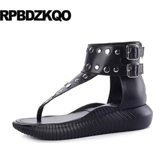 Runway toe ring thong rivet platform booties luxury shoes women designer flatform genuine leather sandals boots stud t strap