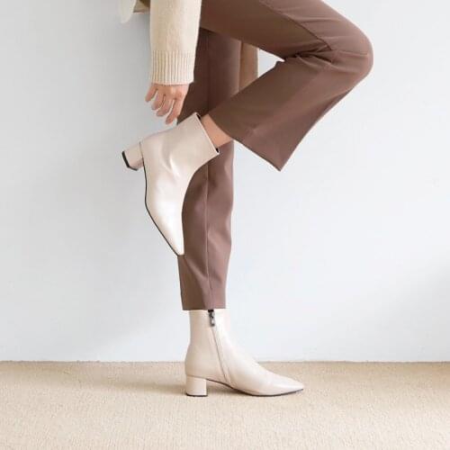 Leather Ankle Boots Women Thick Heel Autumn Ladies High Heels Shoes Fashion Square Zipper Black Brown Apricot Boots Size 33-42