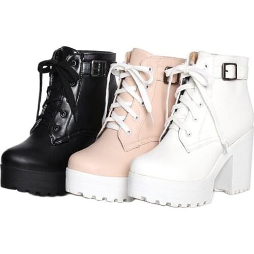 Autumn Martin Boots Boots Women Round Toe Buckle Shoes Women High Heel Fashion Plus Size Square Heels Lacing 3 Colors