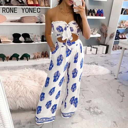 Women All Over Print Off Shoulder Top & Wide Leg Pants Set Women Summer Vacation Suit