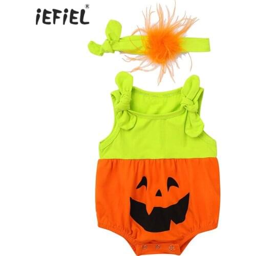 Baby Romper Girls Halloween Costume Outfit Sleeveless Newborn Baby Clothes Cartoon Pumpkin Printed Romper Jumpsuit with Headband