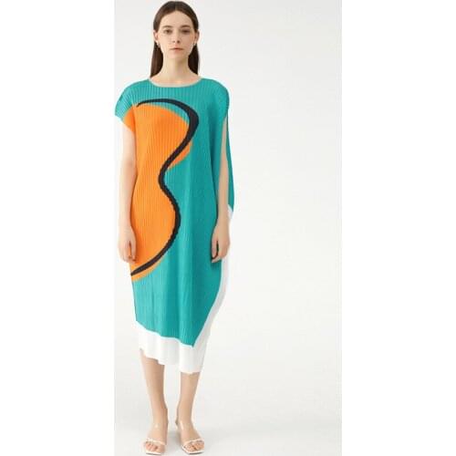 New Green Pattern Printed Loose Casual Women Long Dress Retro Pleated Good Quality Lady Formal Vintage Dresses