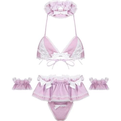 Women Erotic Cosplay Maid Dress Sexy Costumes Role Play Lingerie Set Ruffle Plaid Bra with G-string and Apron Chokers Nightwear