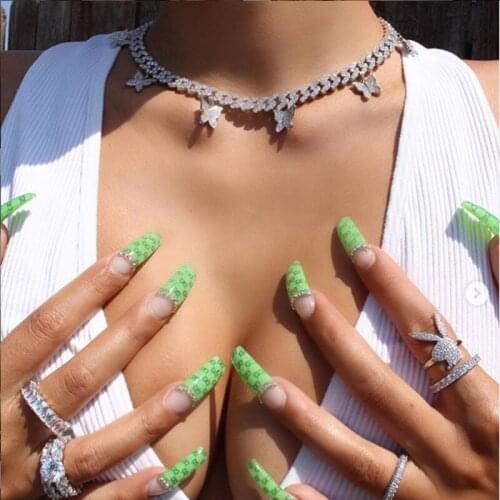 Pink pinky iced out bling cz butterfly women jewelry micro pave 5A cz cuban link chain butterfly charm hiphop choker necklace