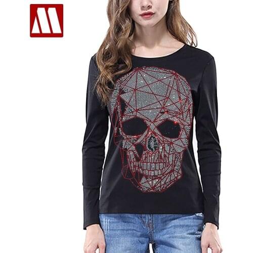 2021 Bright Rhinestone Red Skulls T Shirts Women Fashion Clothing Punk Style Streetwear Ladies O Neck Cotton Calaveras Camiseta