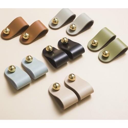 9 Colours Nordic Brass Top Real Cow Leather Handle Anti Collision Modern Simple Luxury Drawer Door Leather Cabinet Knob