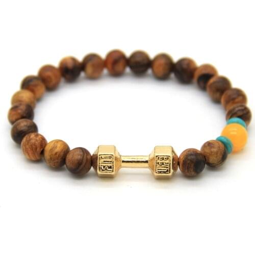 Ailatu 2016 New Dumbell Mens Power Barbell Jewelry Made by Natural Wood Beads & Metal Fitness Trendy Dumbbell Bracelets