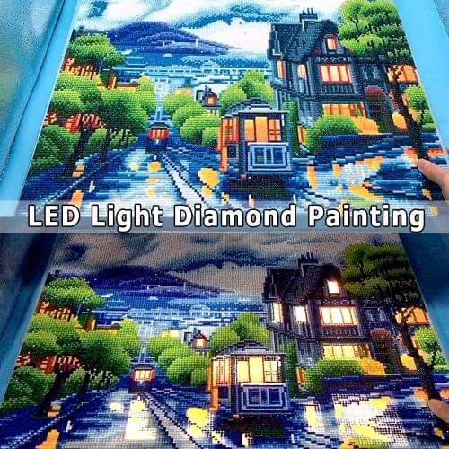 AZQSD Diamond Painting Scenic LED Light Framed Full Round Drill 5D DIY Diamond Mosaic City Tram Full Set Wall Art 40x50cm