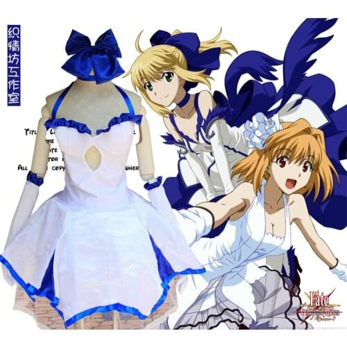 Anime Fate/ZERO COSPLAY Saber Lily COS Halloween cosplay Blue lily dress Costumes full set Dress+Gloves+Headdress+Neckwear+Bow
