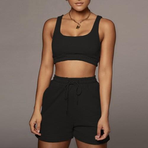 Two Piece Sets Women Sportswear Crop Top Vest And High Waist Shorts Set Summer Casual Fitness Streetwear Drawstring Shorts Suits